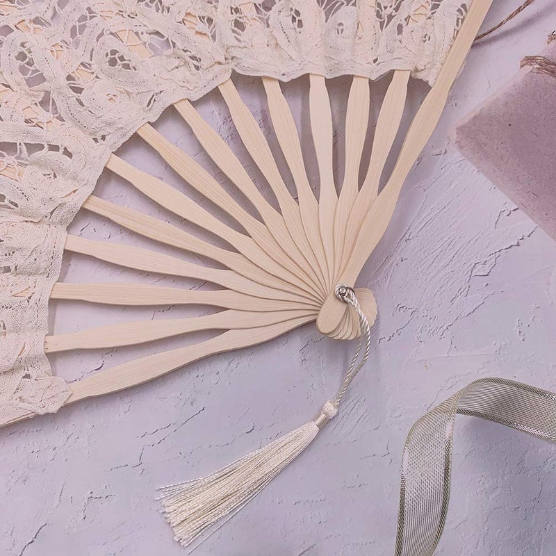 Propupy Folding Hand Fan,Womens Lace Fan Elegant Cotton Fans Handmade Vintage Retro Fans with Bamboo Staves and Silk Tassels for Wedding Bridal Shower Dancing Party - Image 4